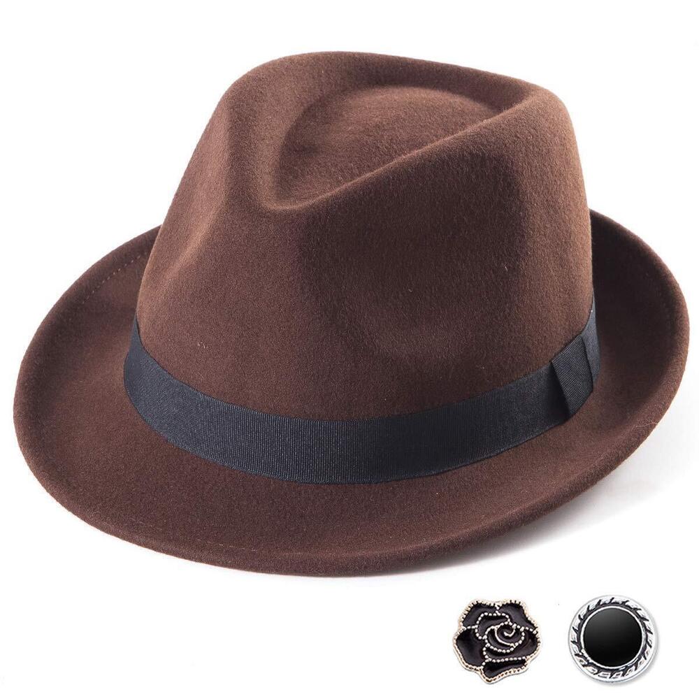 5938 Coffee Wool Fedora Classic Gangster Hat Short Brim Trilby 1920s, 7 1/4
